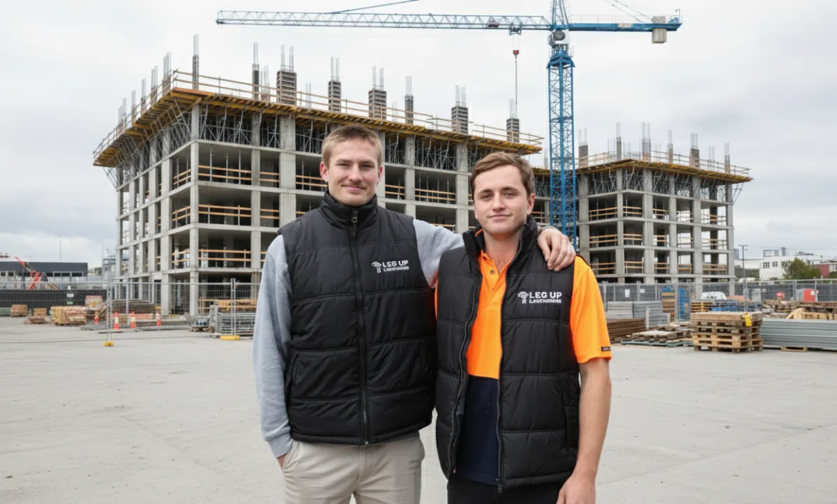 Leg-Up Labouring team of university student labourers on Melbourne construction site ready for work